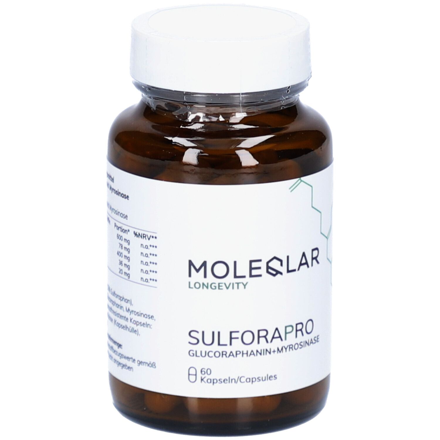 Flacon en verre brun avec couvercle blanc et étiquette. Inscription: MOLEQLAR, SULFAROPRO, 60 gélules. Contient Glucoraphanin+Myrosinase.