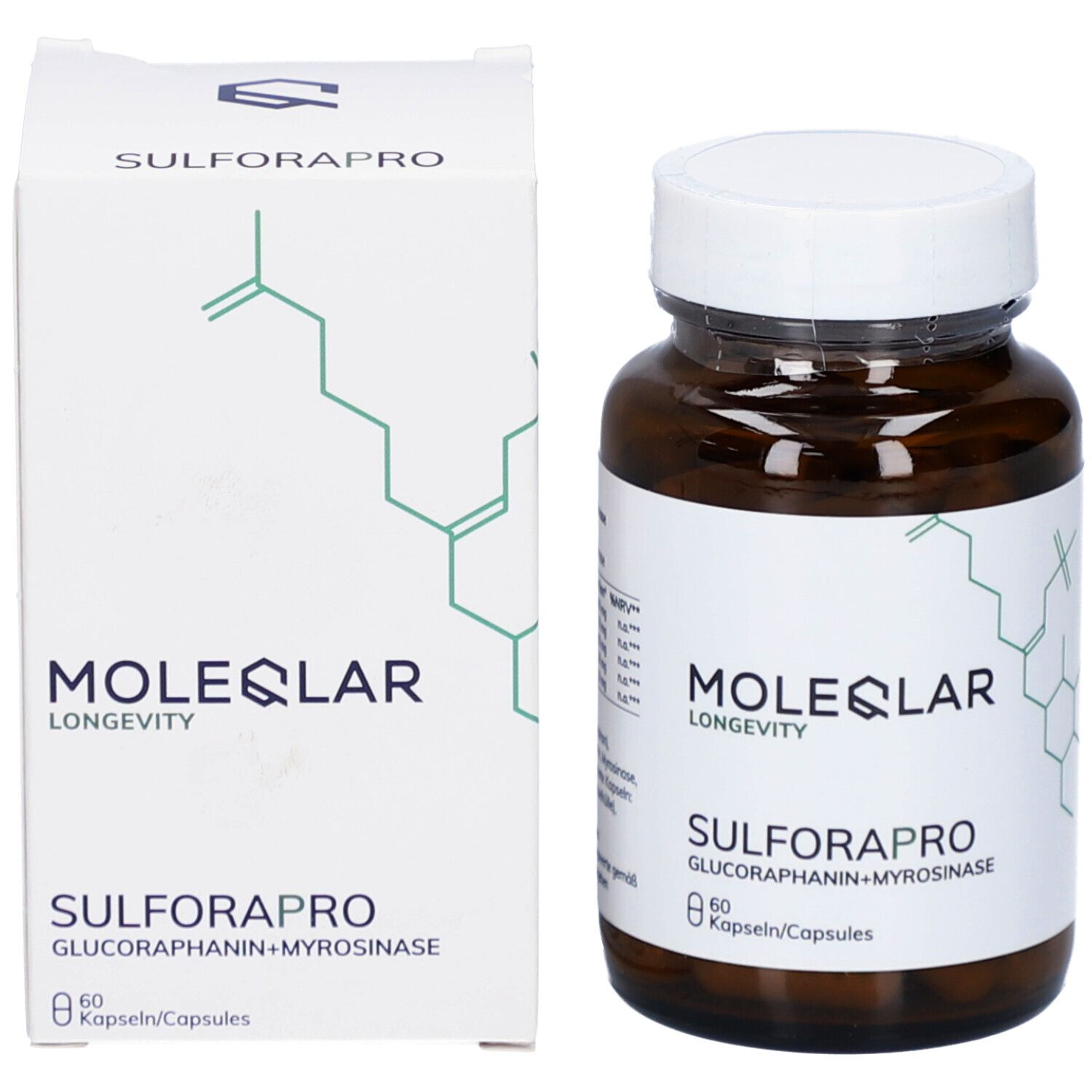 Emballage du produit avec flacon et boîte. Flacon: brun, couvercle blanc, étiquette. Boîte: blanche, inscription: MOLEQLAR, SULFAROPRO.