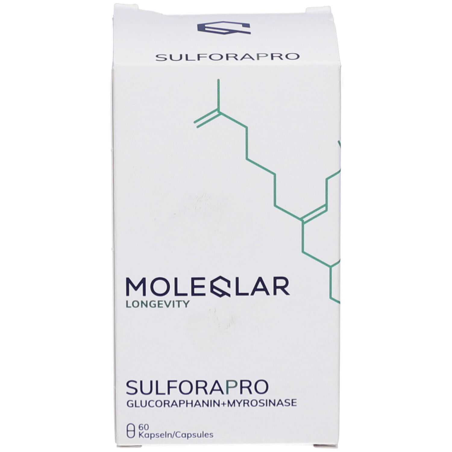 Emballage produit blanc. Inscription: MOLEQLAR, SULFAROPRO, 60 gélules. Contient Glucoraphanin+Myrosinase. Logo.