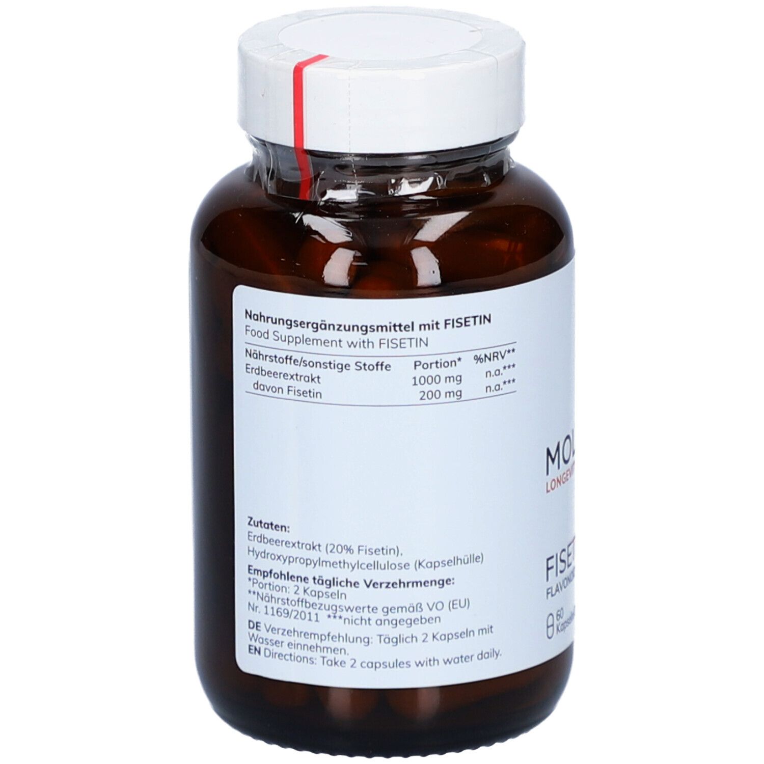 Dos du flacon. Inscription: Complément alimentaire avec FISETIN. Ingrédients, dosage. Étiquette avec informations.
