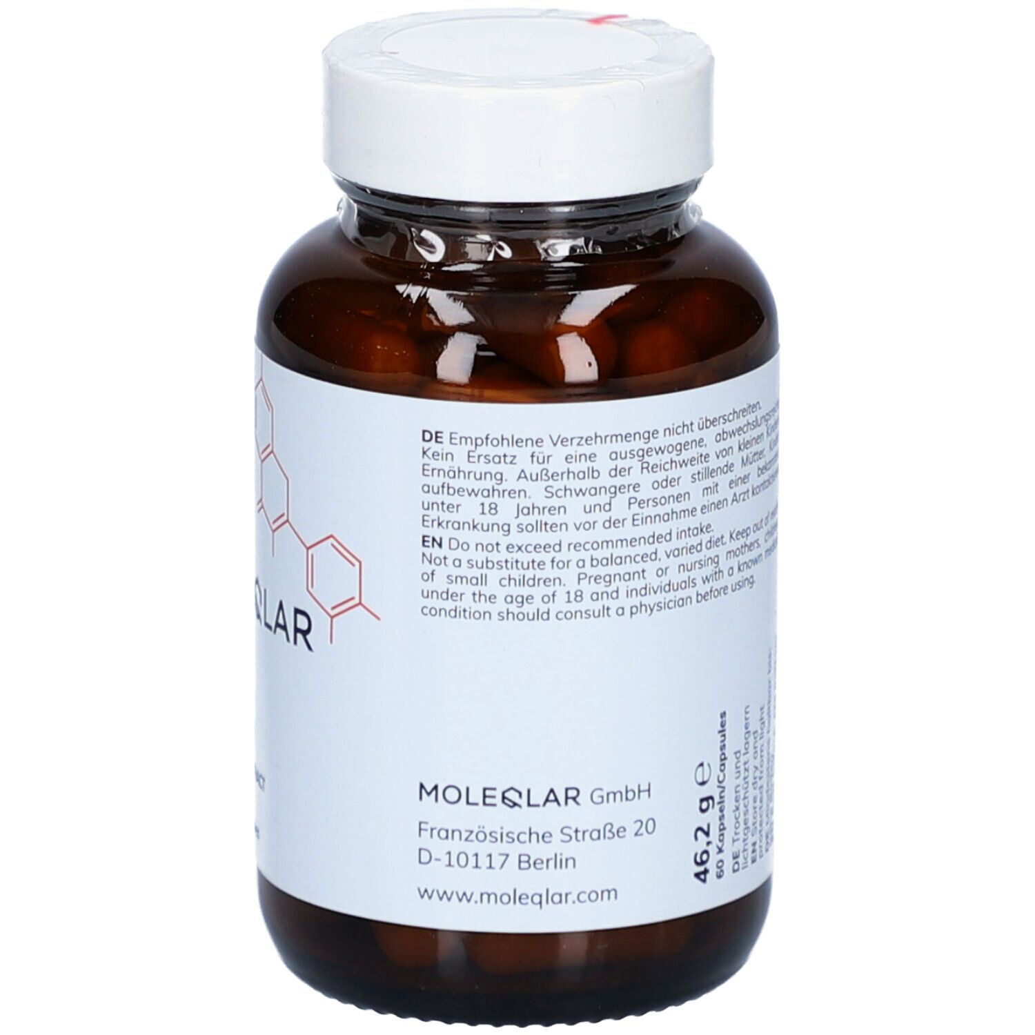 Flacon avec bouchon blanc. Inscription: MOLEQLAR, FISETIN, 60 gélules. Adresse du fabricant. Étiquette avec informations.