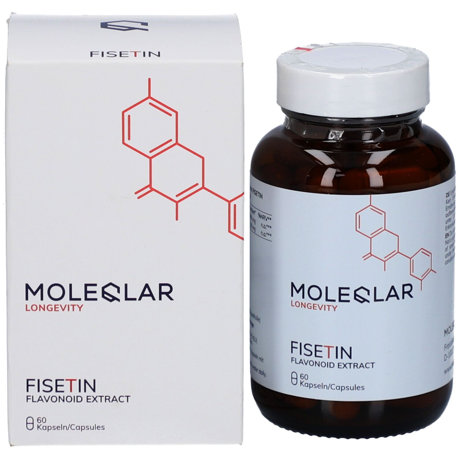 Emballage du produit et flacon. Inscription: MOLEQLAR LONGEVITY, FISETIN, 60 gélules. Impression rouge.