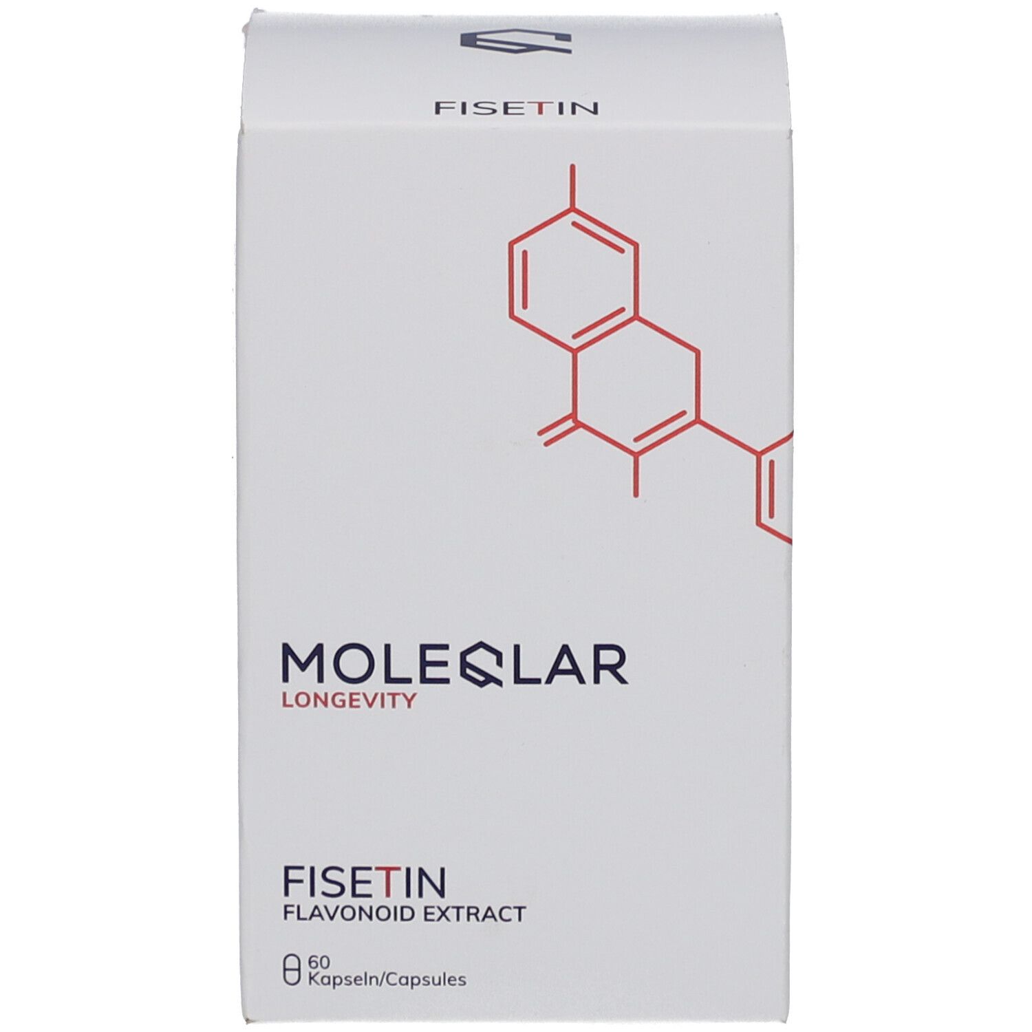 Emballage blanc du produit. Inscription: MOLEQLAR LONGEVITY, FISETIN, 60 gélules. Impression rouge.