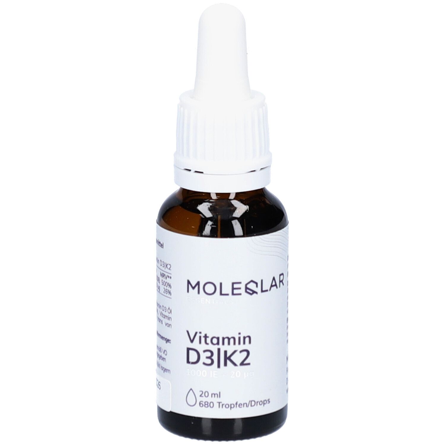 Flacon en verre brun avec bouchon blanc et pipette. Inscription: Moleqlar Vitamine D3|K2. 20 ml, 680 gouttes.