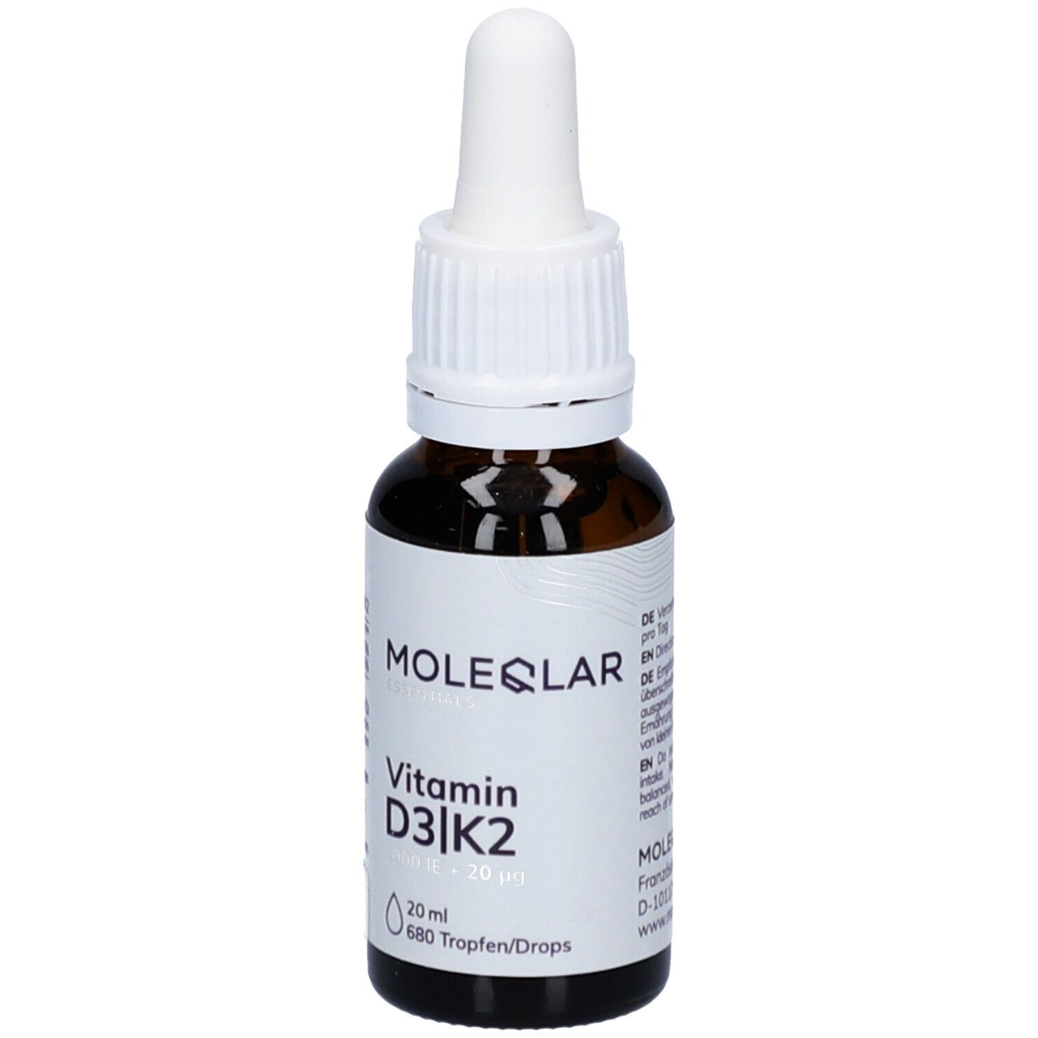 Flacon en verre brun avec bouchon blanc et pipette. Inscription: Moleqlar Vitamine D3|K2. 20 ml, 680 gouttes. Vue détaillée.