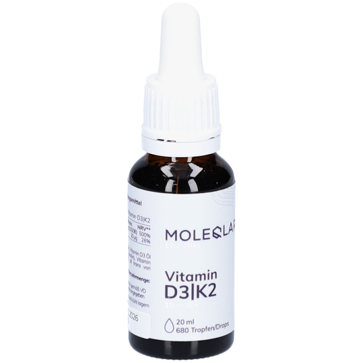 Flacon en verre brun avec bouchon blanc et pipette. Inscription: Moleqlar Vitamine D3|K2. 20 ml, 680 gouttes. Ingrédients.