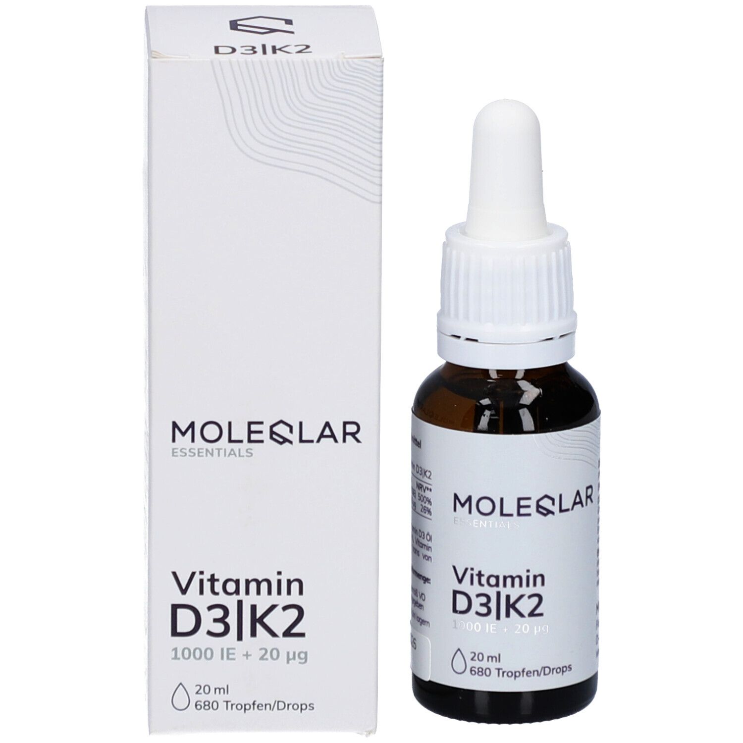 Emballage du produit avec flacon en verre brun et carton blanc. Inscription: Moleqlar Essentials Vitamine D3|K2. 20 ml, 680 gouttes.