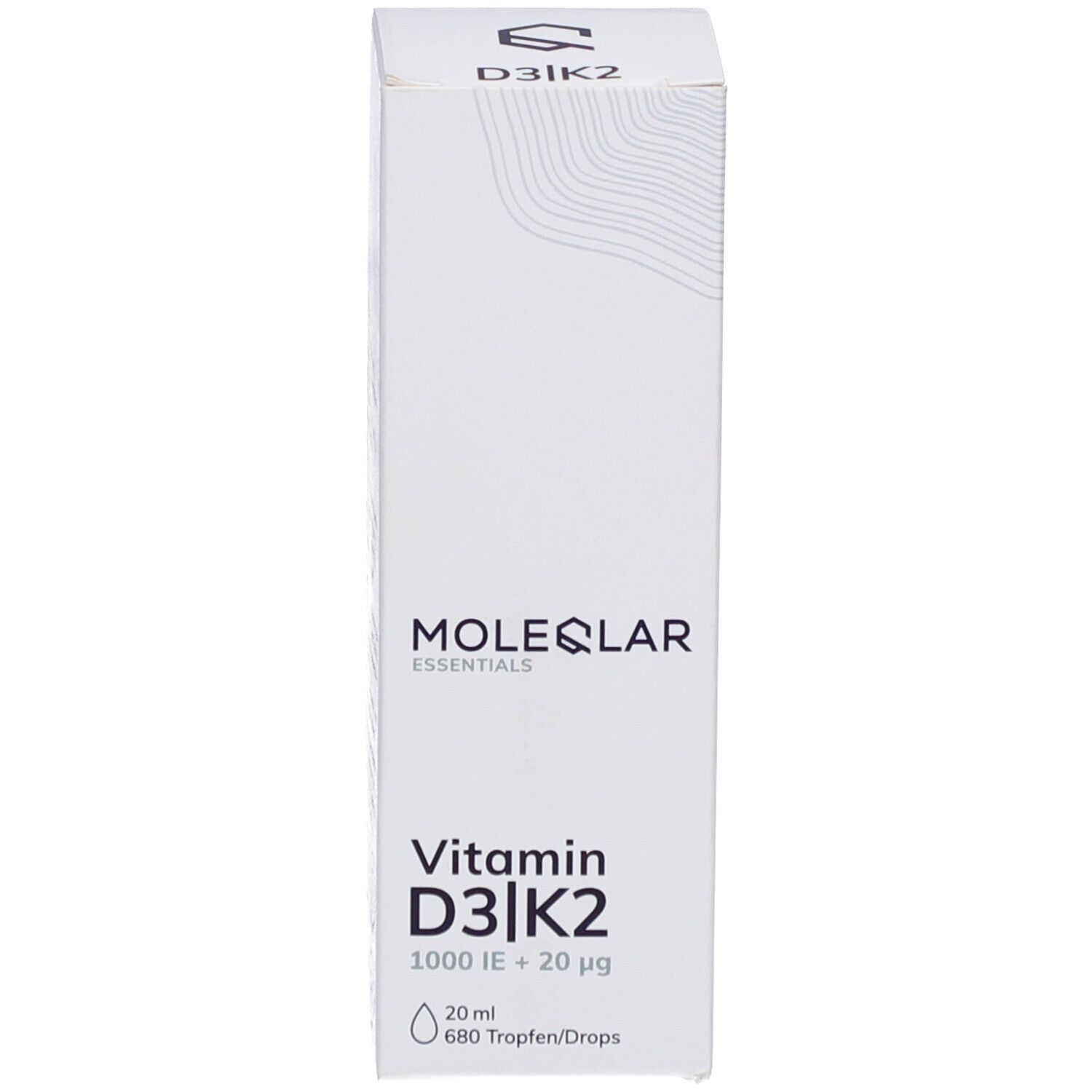 Emballage produit blanc avec inscription: Moleqlar Essentials Vitamine D3|K2. 20 ml, 680 gouttes. Avec motif graphique.