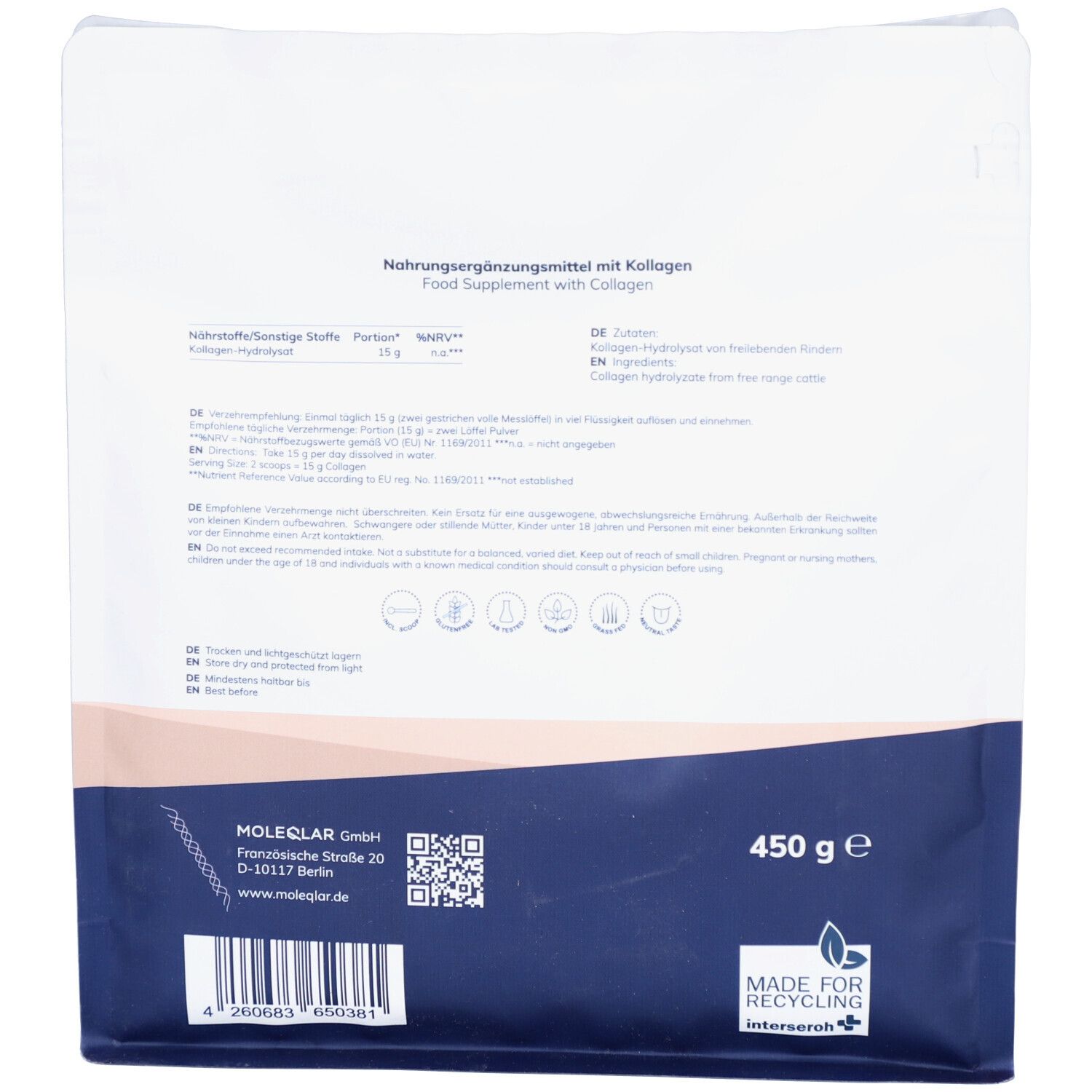 Rückseite der Verpackung mit Text und Nährwertangaben. Enthält Informationen in Deutsch und Englisch. 450 g.