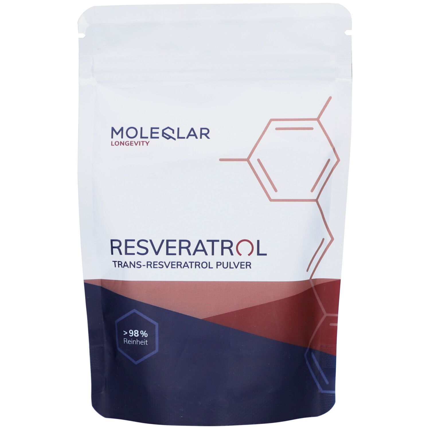 Beutel mit Moleqlar Resveratrol. Weiß, mit roter und blauer Grafik. Schriftzug: Resveratrol, Trans-Resveratrol Pulver. Über 98% Reinheit.