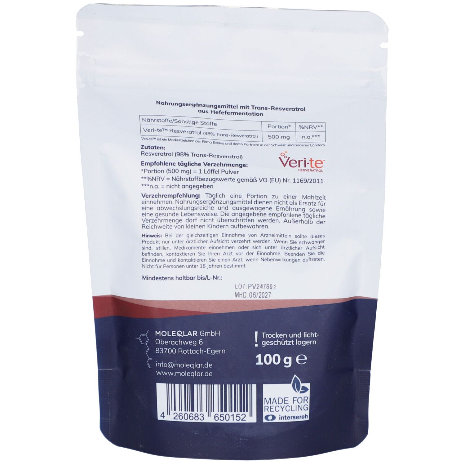 Rückseite des Beutels mit Informationen zu Moleqlar Resveratrol. Enthält Nährwertangaben, Herstelleradresse und das Veri-te-Logo. 100g.