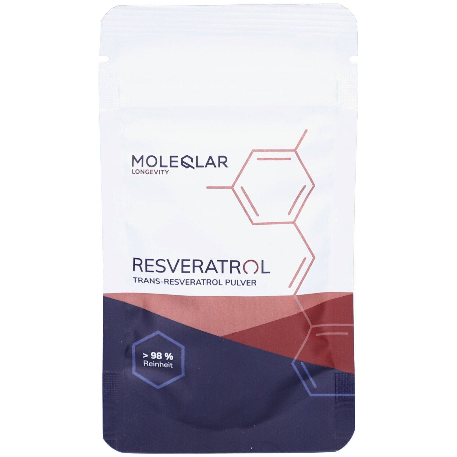 Beutel mit Moleqlar Resveratrol. Weiß-rotes Logo, Resveratrol-Schriftzug, chemische Struktur. Über 98% Reinheit.