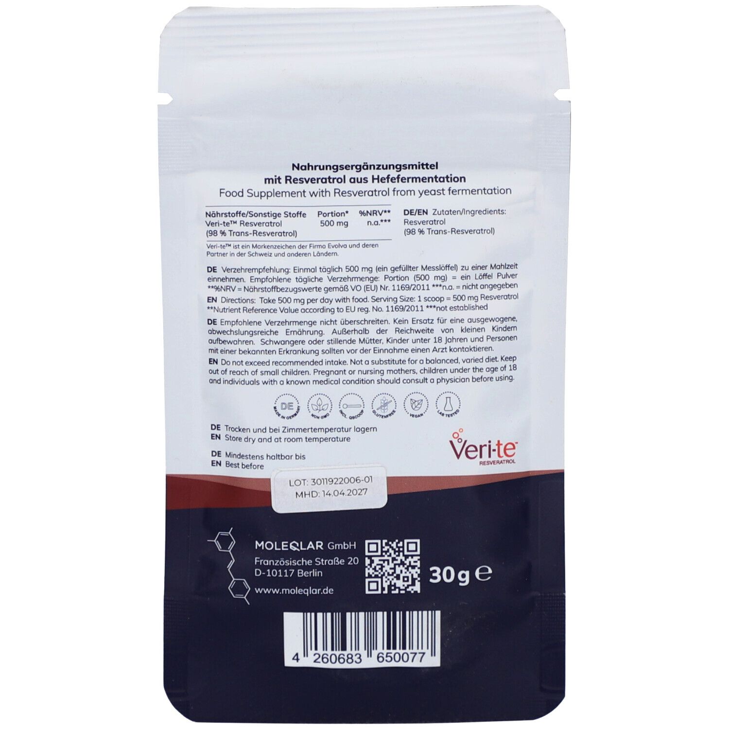 Rückseite des Moleqlar Resveratrol Beutels. Text mit Nährwertangaben, Verzehrempfehlung, Inhaltsstoffe. Verite-Logo, 30g.