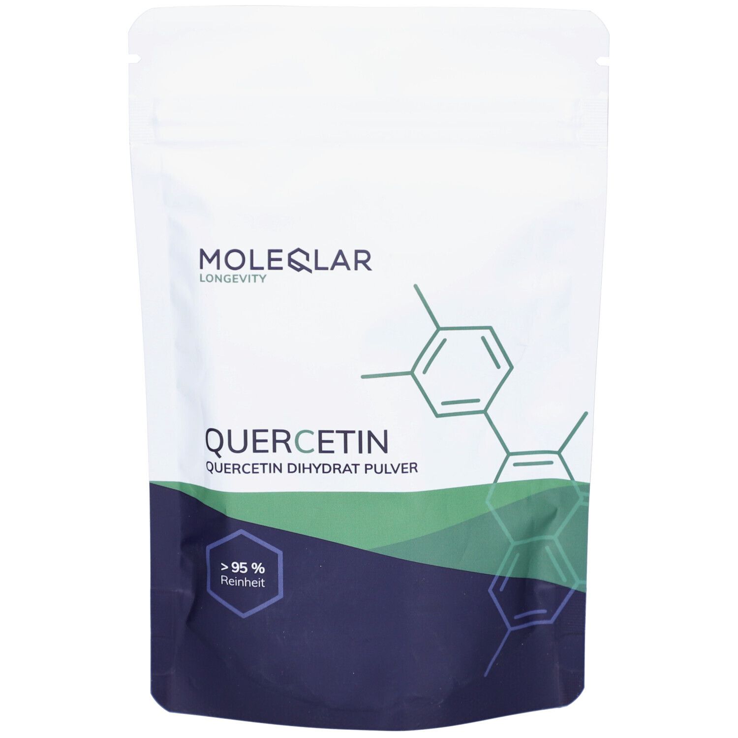 Sachet de poudre de Quercétine Moleqlar. Blanc, avec graphiques bleu-vert et texte. Contient du dihydrate de quercétine.