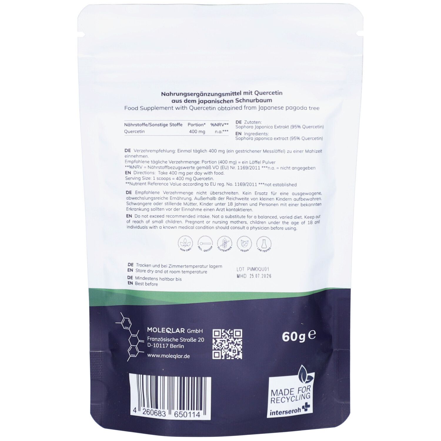 Dos du sachet de Quercétine Moleqlar. Contient des informations sur les ingrédients, le dosage et le fabricant.