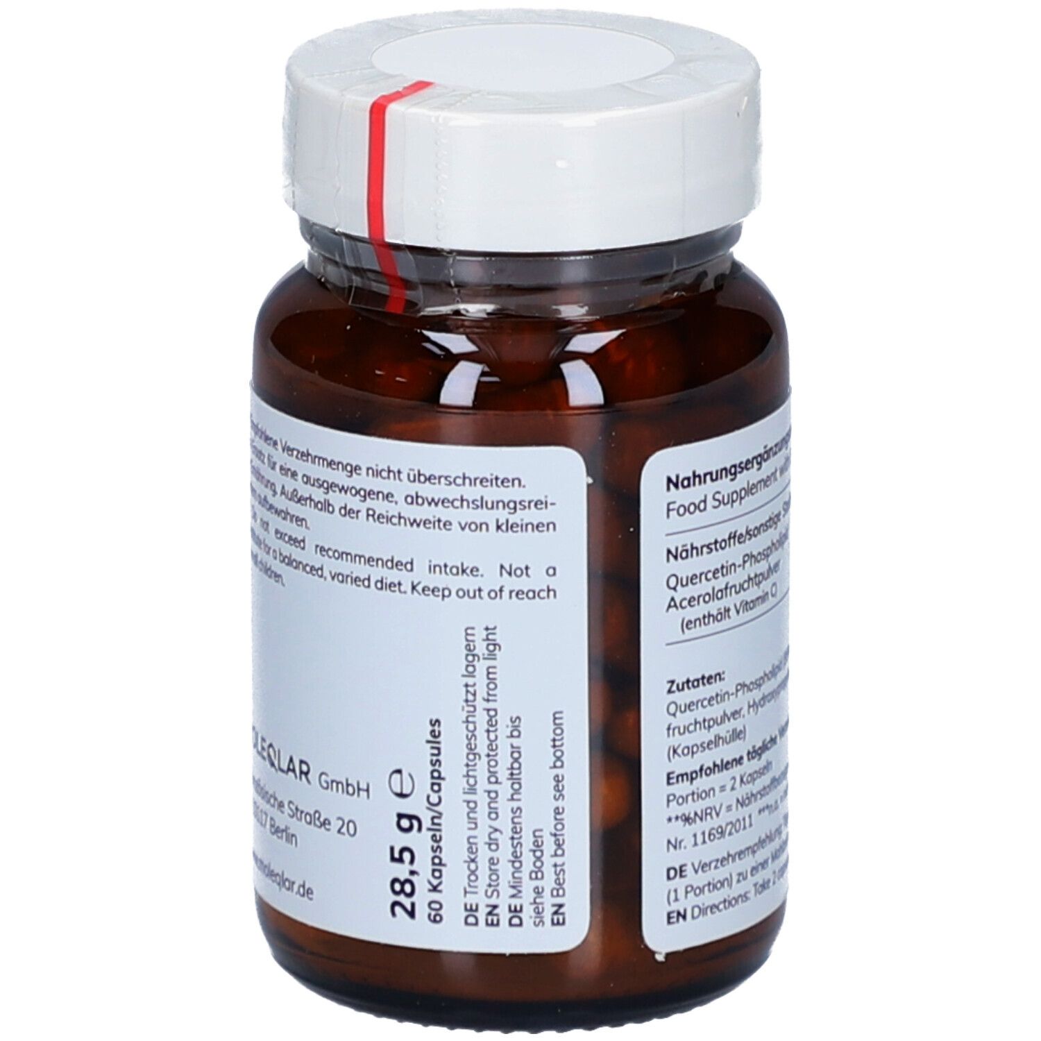 Flacon en verre brun avec bouchon blanc. Inscription: 60 gélules. Contient des informations sur le stockage et le fabricant.