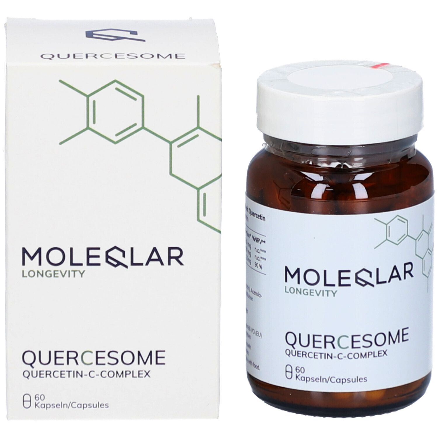 Emballage du produit avec flacon et boîte. Inscription: MOLEQLAR, QUERCESOME, 60 gélules.