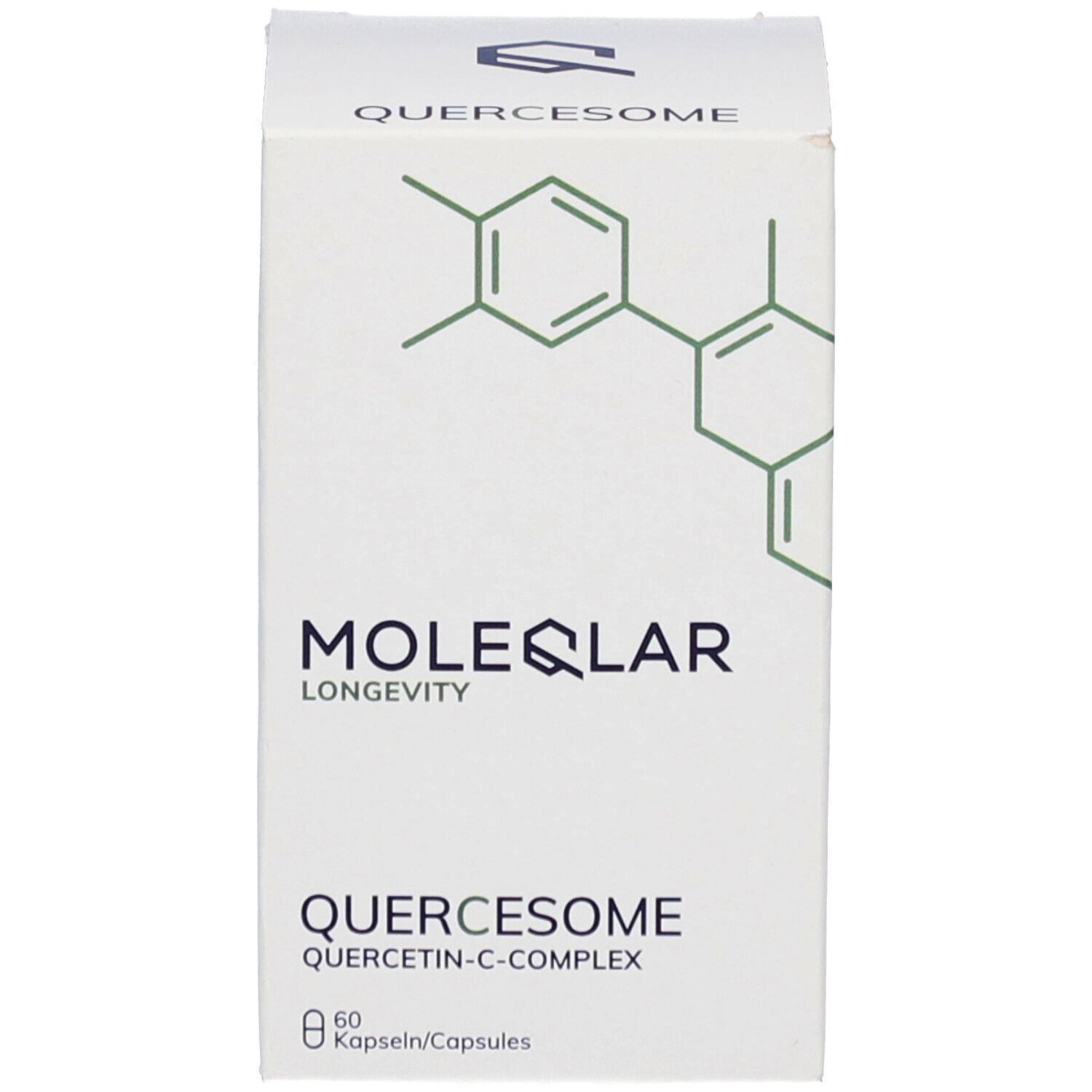 Emballage blanc du produit. Inscription: MOLEQLAR, QUERCESOME, 60 gélules.