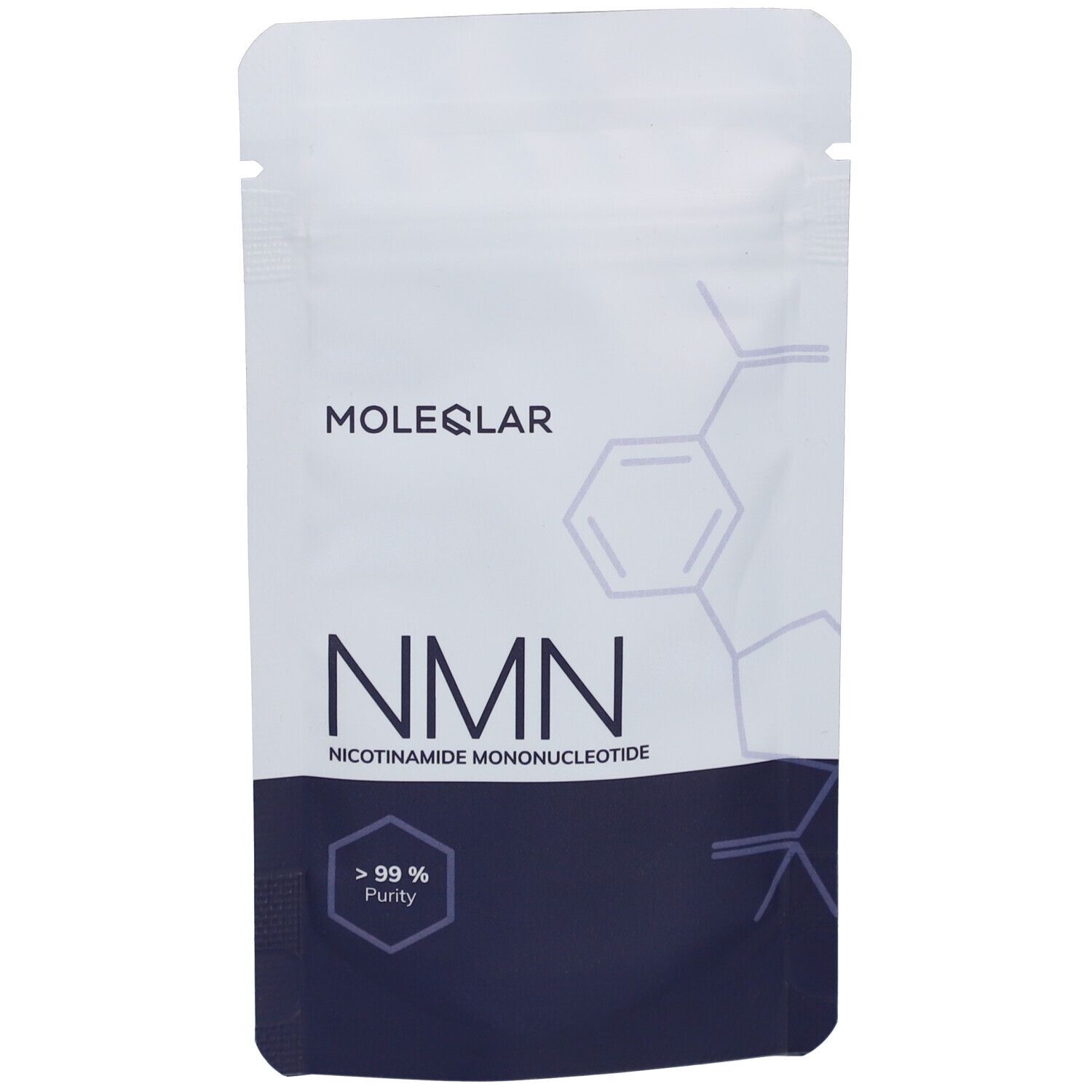 Beutel mit MOLEQLAR NMN. Weiß mit dunkelblauem Bereich. Text: NMN, Nicotinamid-Mononukleotid. Reinheit >99%.