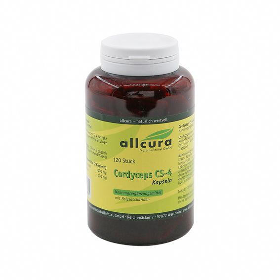 Flacon brun avec couvercle blanc. Inscription : allcura Cordyceps CS-4 Kapseln. 120 pièces.
