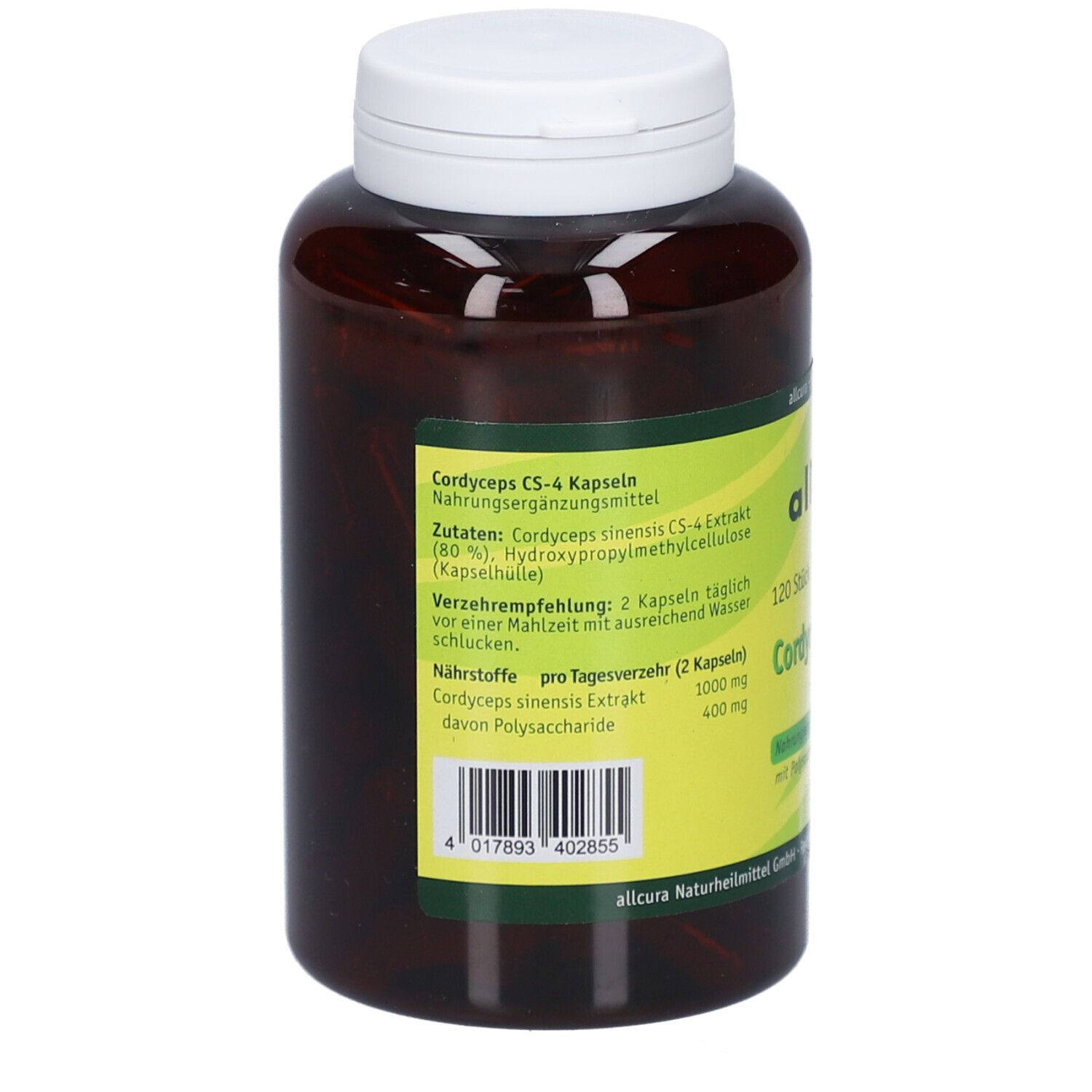 Rückseite der braunen Flasche mit weißen Deckel. Aufkleber mit Produktinformationen: allcura Cordyceps CS-4 Kapseln. Zutaten, Nährstoffe.