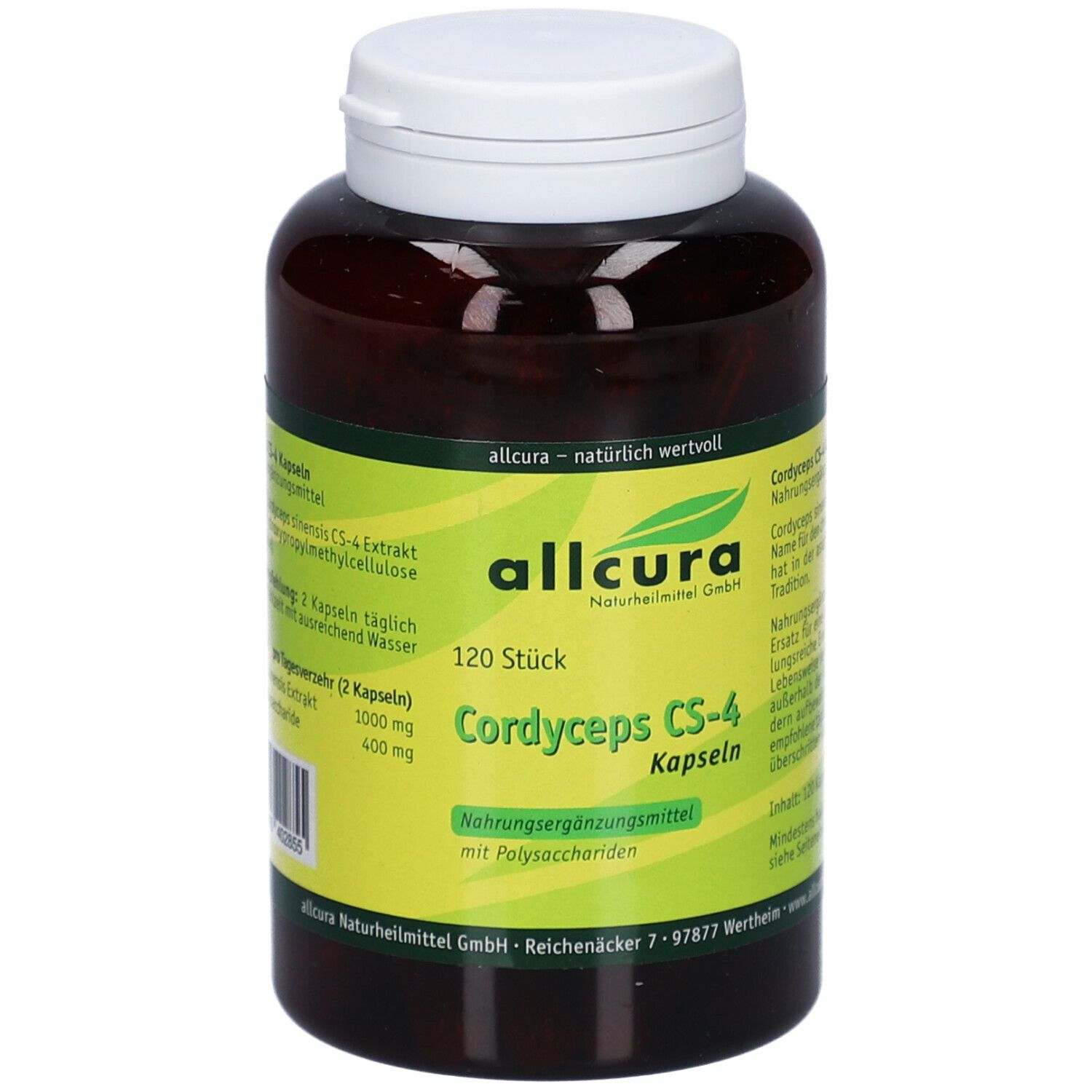 Braune Flasche mit weißen Deckel. Aufkleber mit Produktinformationen: allcura Cordyceps CS-4 Kapseln. 120 Stück.