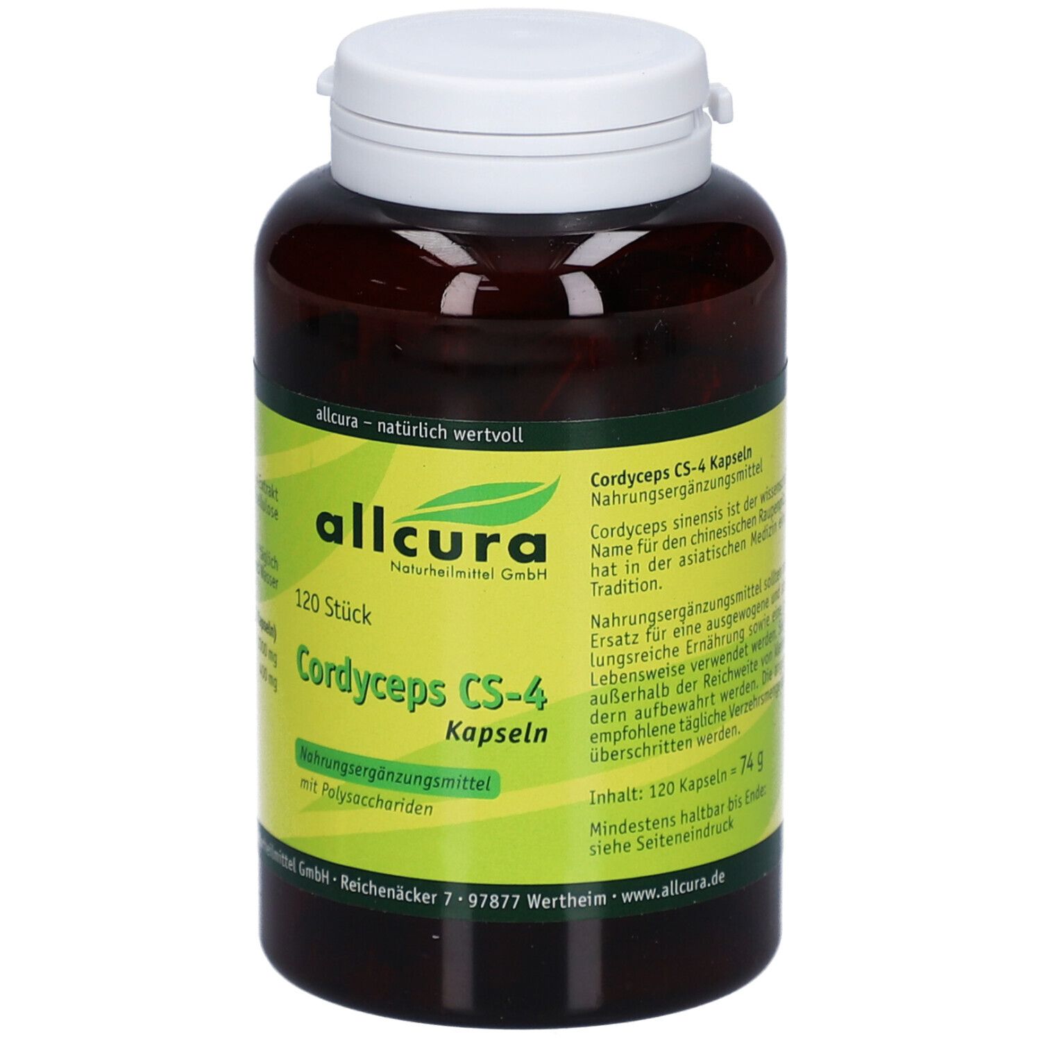 Braune Flasche mit weißen Deckel. Aufkleber mit Produktinformationen: allcura Cordyceps CS-4 Kapseln. 120 Stück.