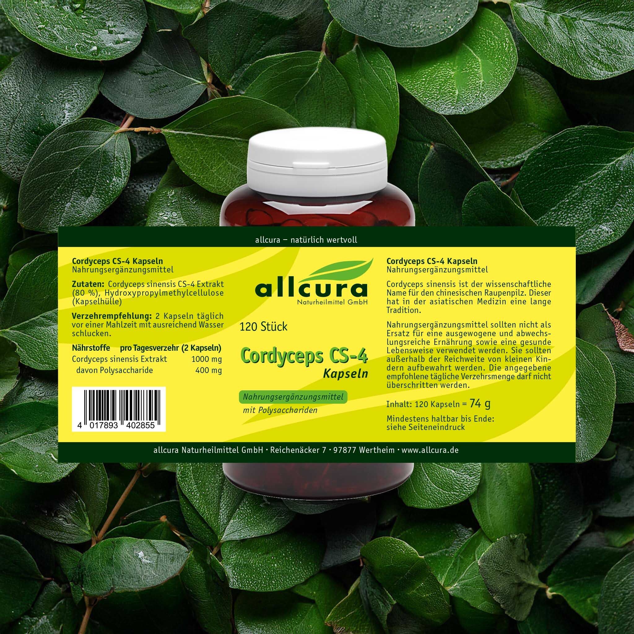 Flacon brun avec couvercle blanc, entouré de feuilles. Inscription : allcura Cordyceps CS-4 Kapseln. 120 pièces.