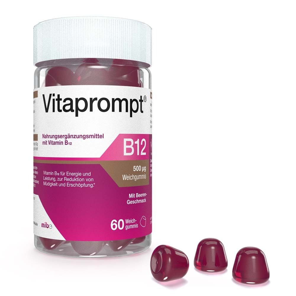 Vitaprompt B12 Dose mit 3 Weichgummis. 60 Stück, 500 µg Vitamin B12. Mit Beeren-Geschmack. Dose und Gummis.