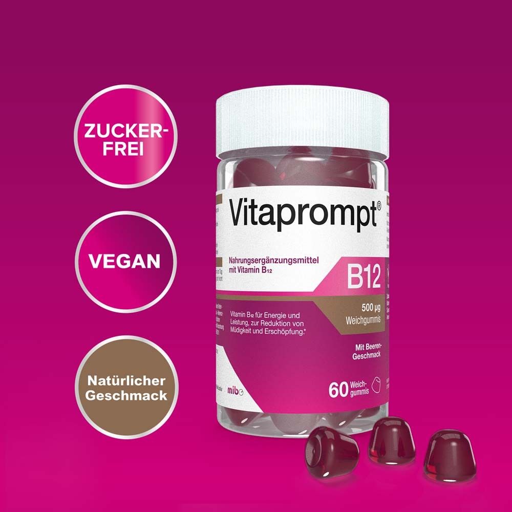 Vitaprompt B12 Dose mit Logos: zuckerfrei, vegan, natürlicher Geschmack. 60 Weichgummis, 500 µg B12.