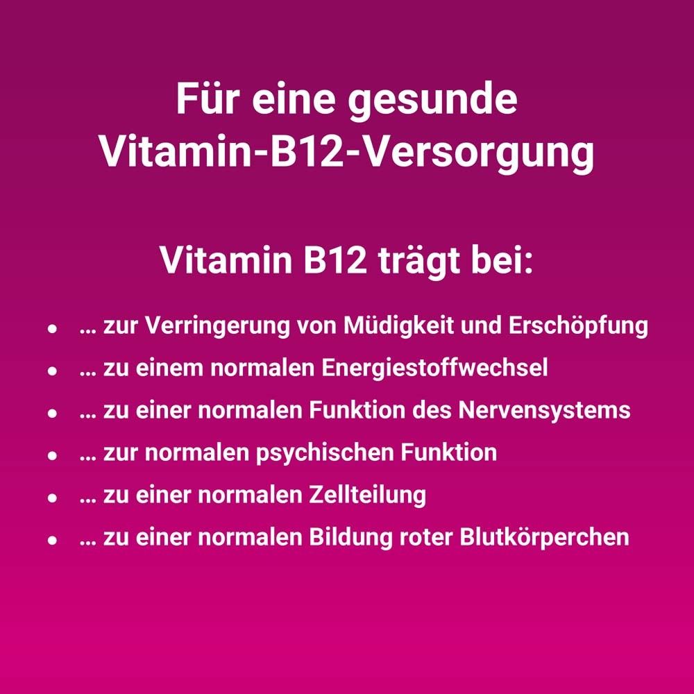 Text: Für eine gesunde Vitamin-B12-Versorgung. Vitamin B12 trägt bei: Müdigkeit, Energiestoffwechsel, Nervensystem, Psyche, Zellteilung.