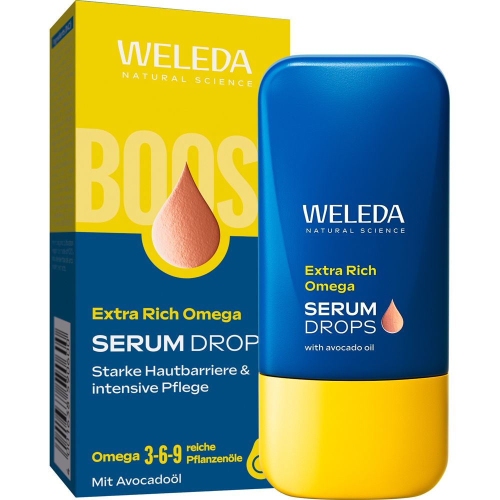 Weleda Extra Rich Omega Serum Drops et emballage. Flacon bleu-jaune et boîte avec informations produit.