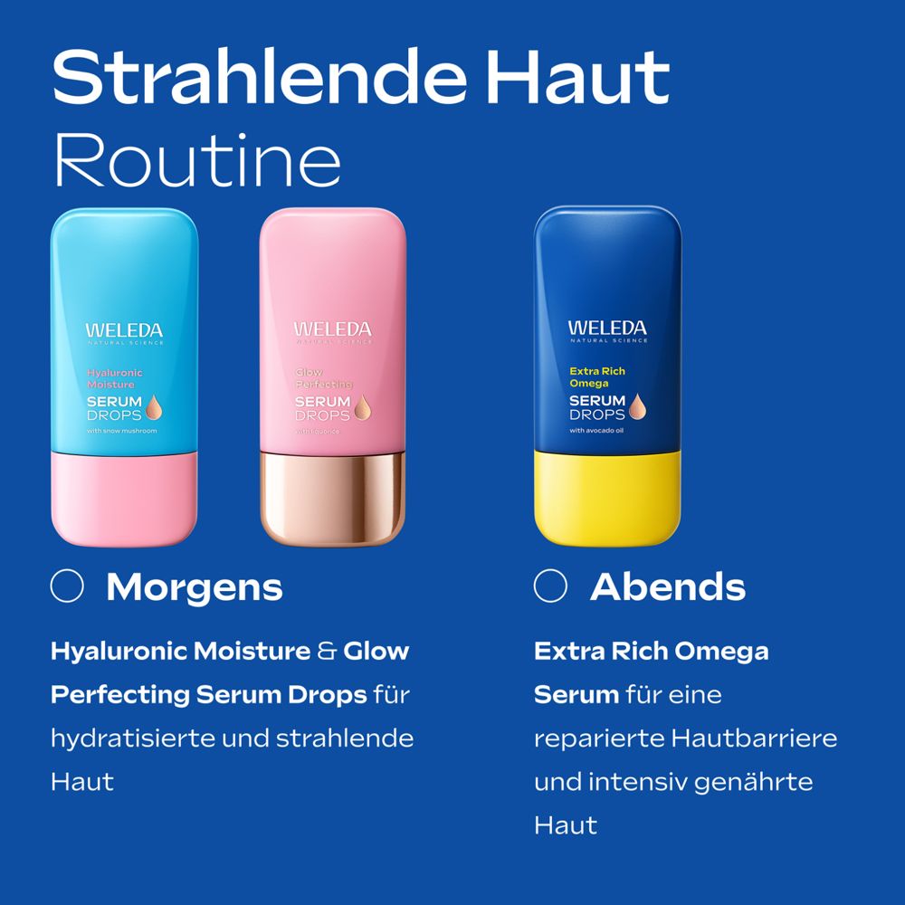 Trois flacons Weleda Serum Drops. Matin: Hyaluron. Soir: Extra Rich Omega Serum.
