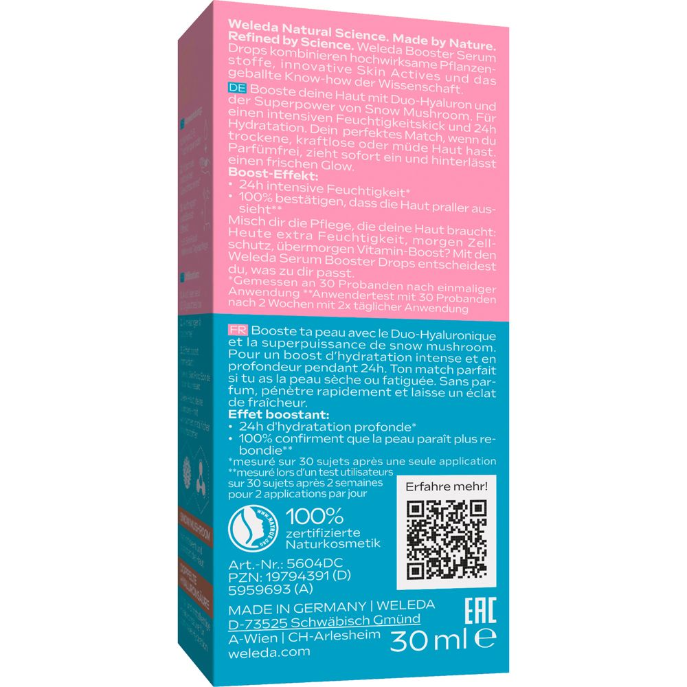 Dos de l'emballage. Texte : Weleda, 100% cosmétiques naturels certifiés, 30 ml, ingrédients, code QR.
