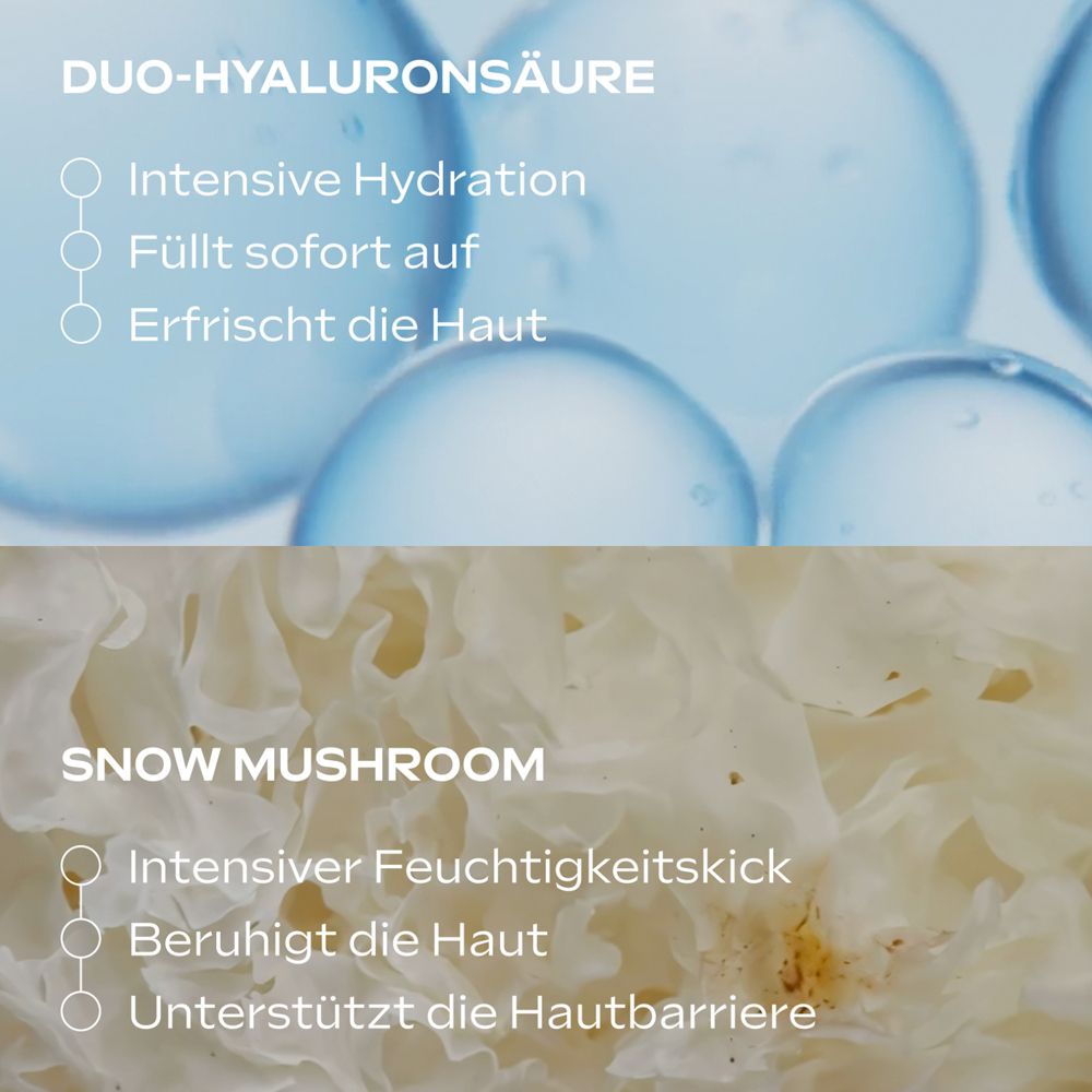 Gros plan sur les ingrédients. Texte : Duo-Acide hyaluronique, Hydratation intense, Snow Mushroom.