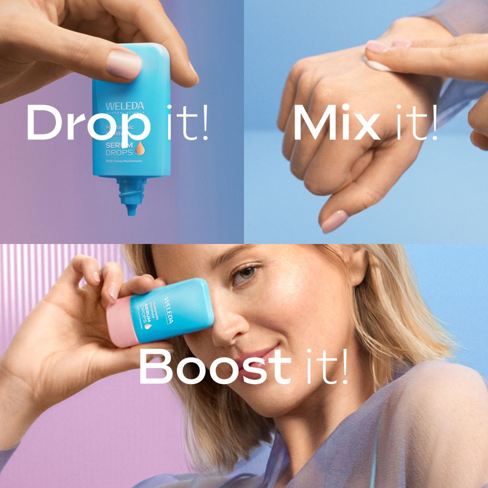 Mains avec sérum. Texte : Drop it!, Mix it!, Boost it! Flacon, main, femme.