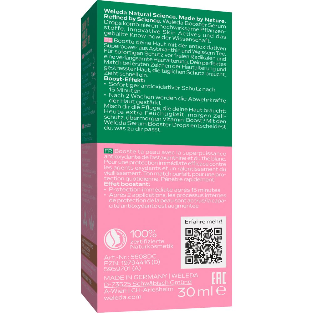 Dos de l'emballage Weleda Serum Drops. Texte : ingrédients, mode d'emploi, 30 ml, Fabriqué en Allemagne, certification.