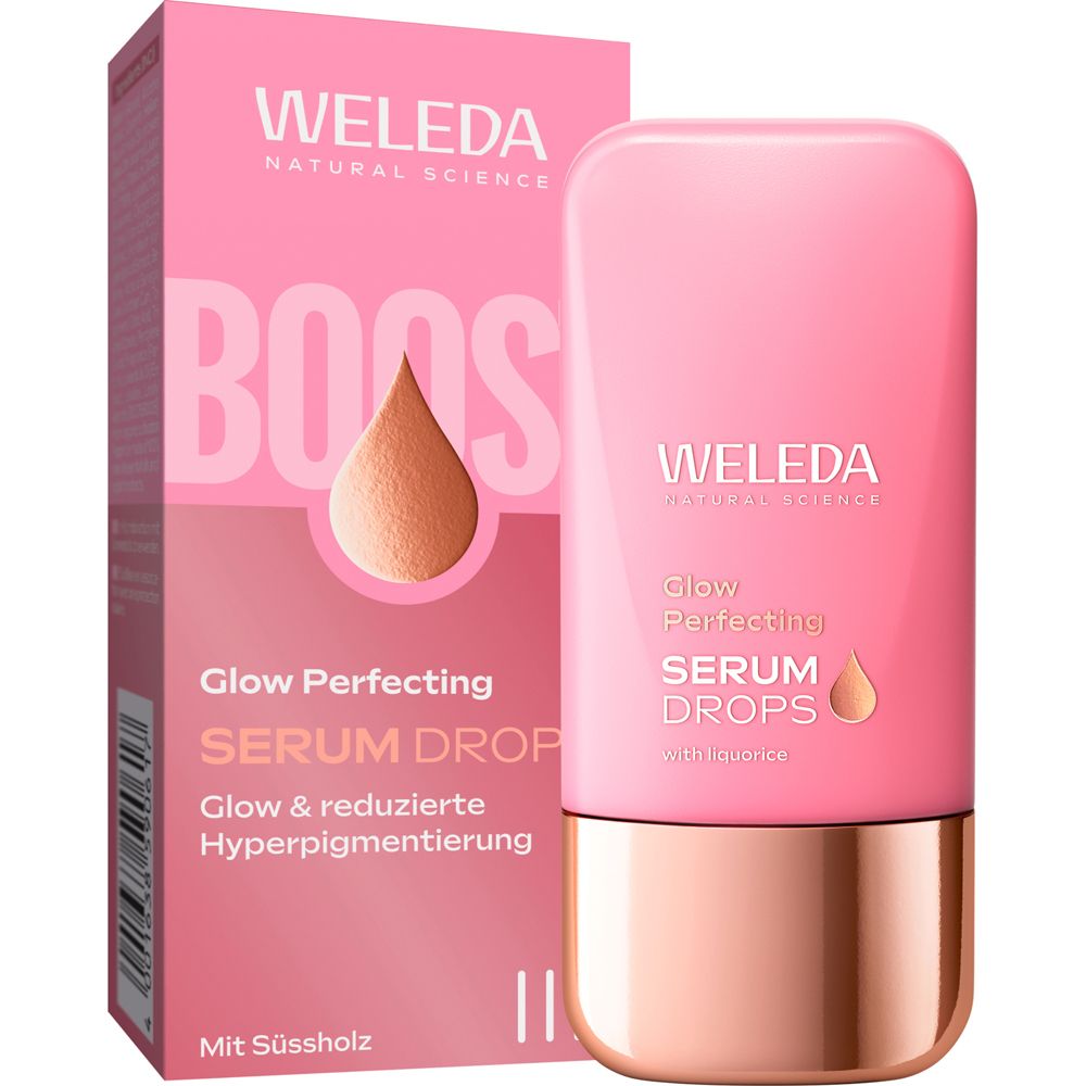 Rosa Verpackung und Flasche. Weleda Serum Drops. Text: Glow Perfecting Serum Drops. Mit Süßholz.