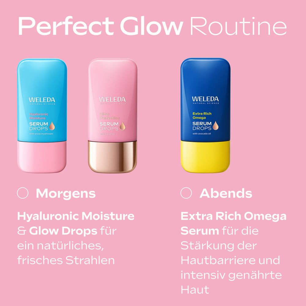 Drei Serum-Flaschen. Text: Perfect Glow Routine. Morgen: Hyaluronic Moisture. Abend: Extra Rich Omega.