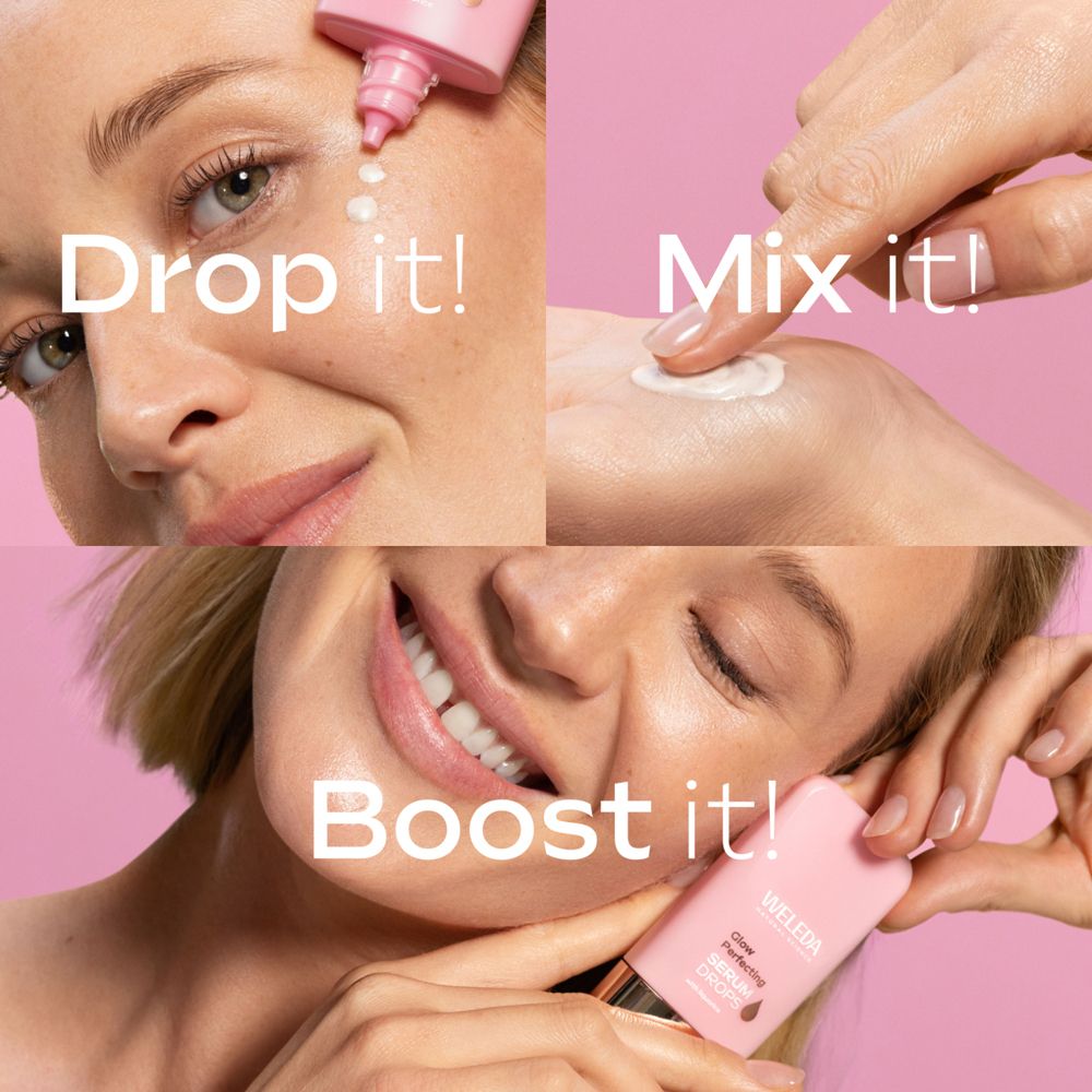 Anwendungsschritte. Text: Drop it! Mix it! Boost it! Weleda Serum Drops.