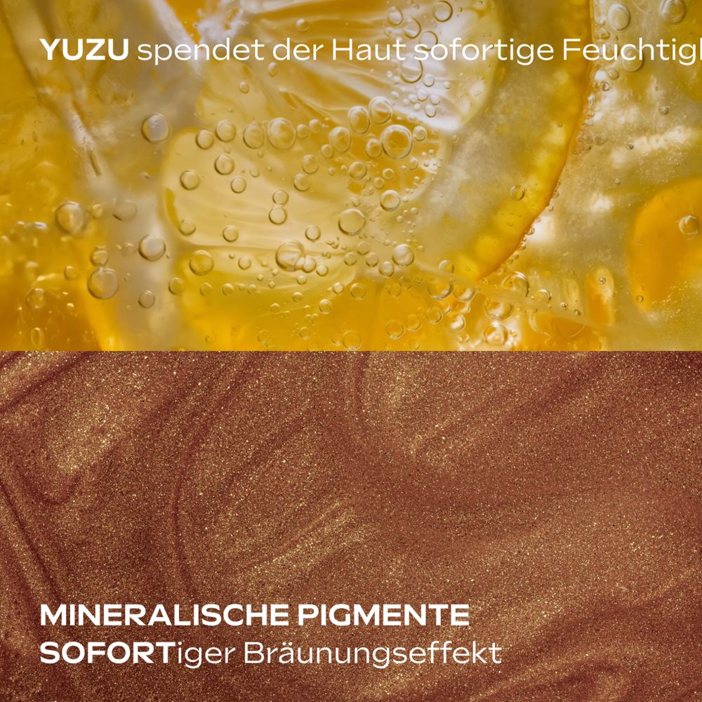 Gros plan sur le yuzu et les pigments minéraux. Texte : Le yuzu hydrate, pigments minéraux, effet bronzant instantané.