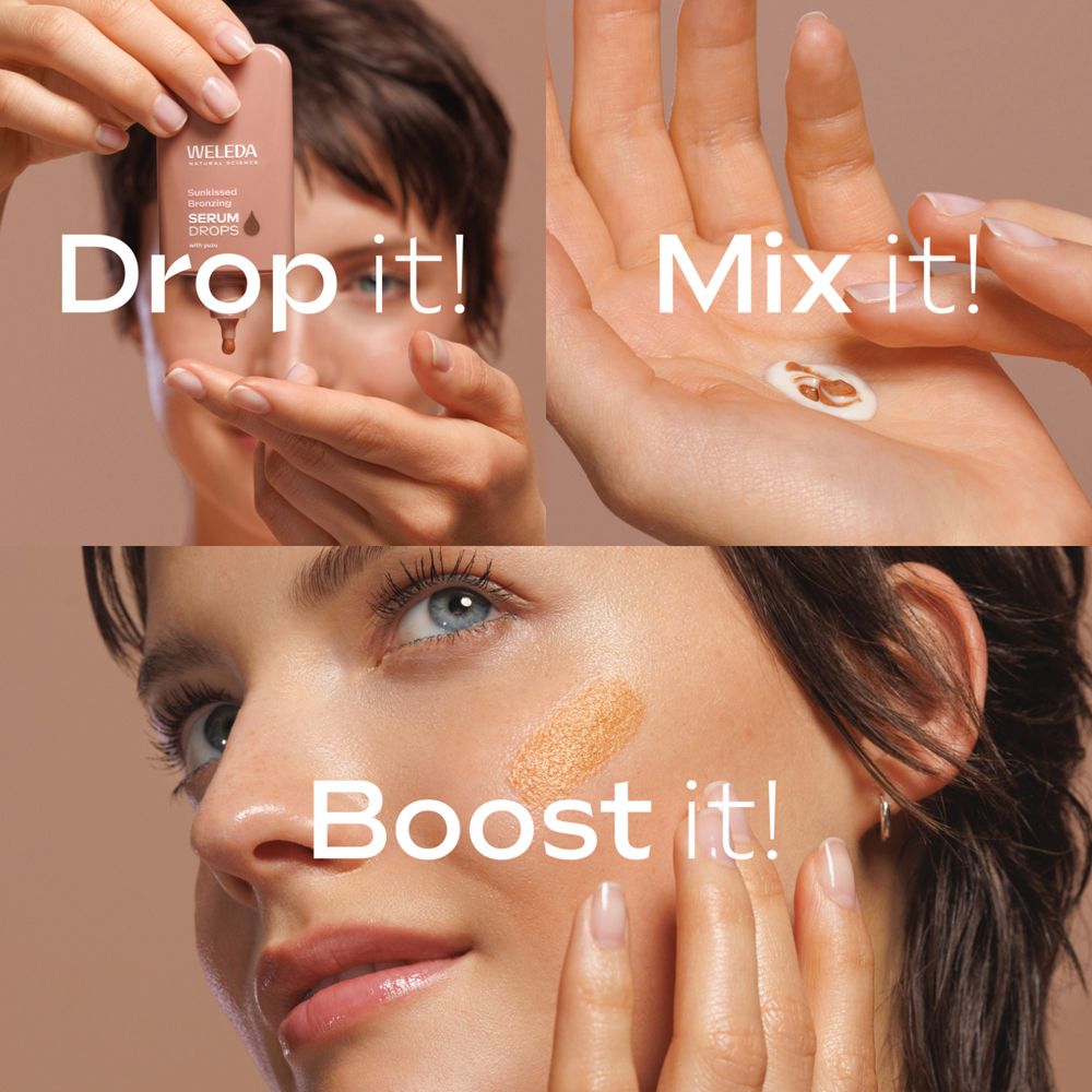 Mains avec sérum. Texte : Drop it !, Mix it !, Boost it !