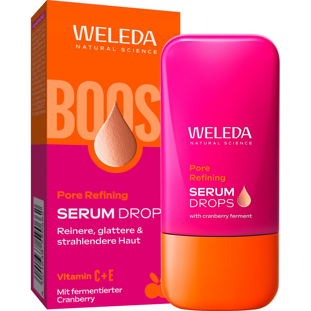Weleda Serum Drops und Verpackung. Pink-orange Flasche und Schachtel mit Produktnamen und Logo.