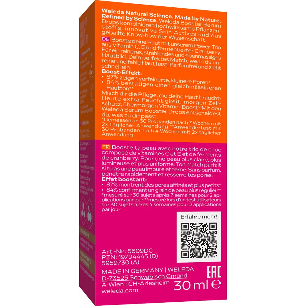 Rückseite der Weleda Serum Drops Verpackung. Text in Deutsch und Französisch. Inhaltsstoffe und Logo.