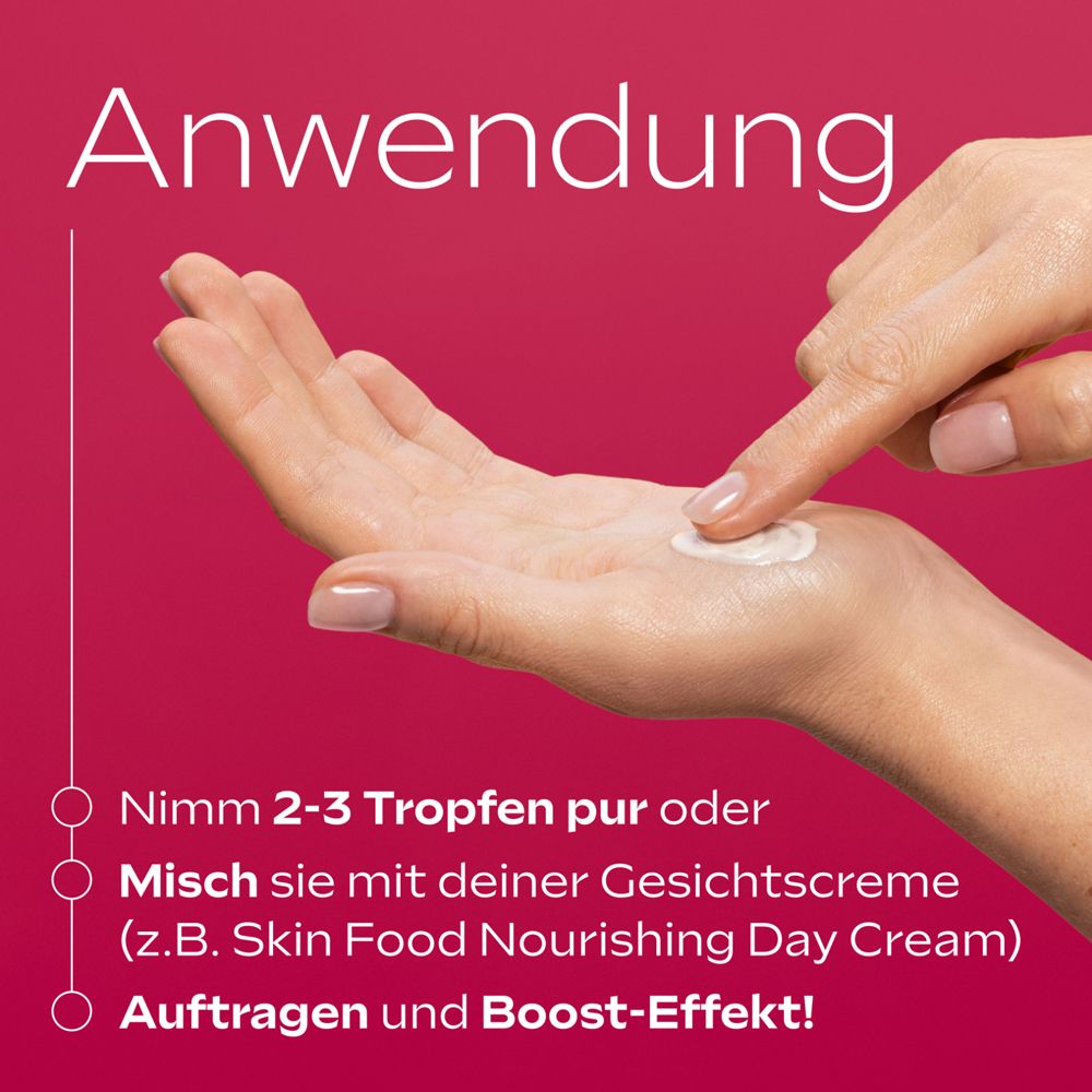 Anwendung des Serums. Hand mit Serum auf der Handfläche. Text: 2-3 Tropfen pur oder mischen.