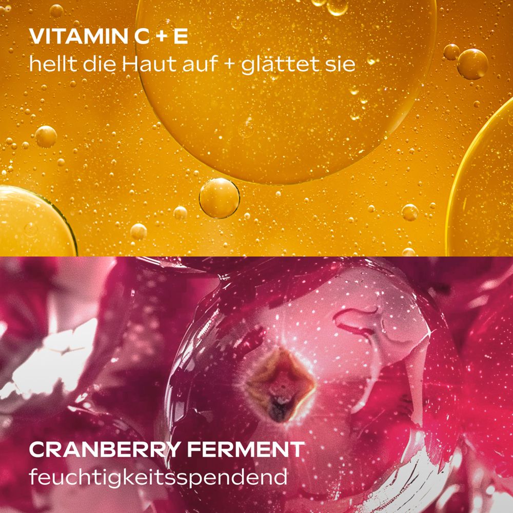 Nahaufnahme von Vitamin C+E und Cranberry. Gelbe Flüssigkeit und rote Cranberrys. Text: feuchtigkeitsspendend.