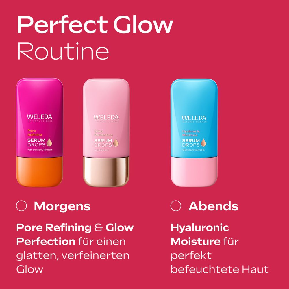Drei Serum Drops Flaschen. Pink, rosa und blau. Text: Morgens, abends. Perfekte Glow Routine.