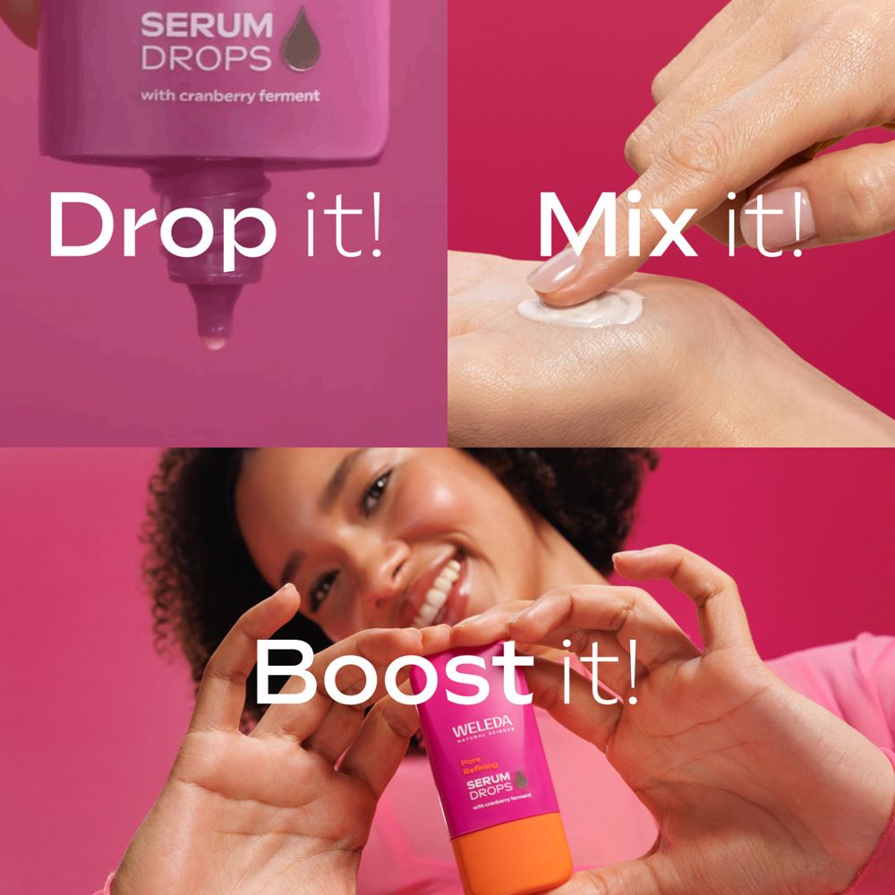 Anwendung des Serums. Tropfen, mischen, boosten. Text: Drop it!, Mix it!, Boost it!