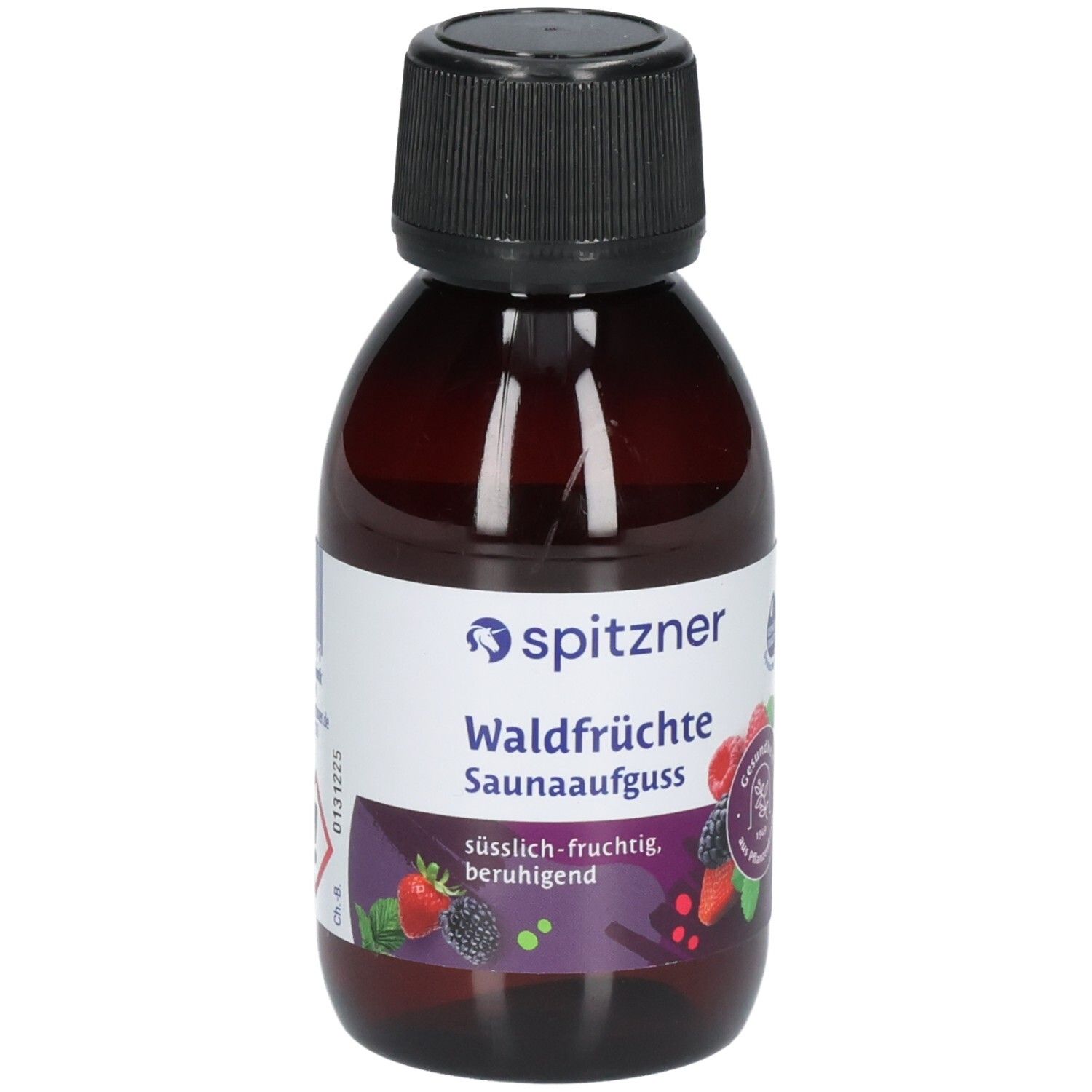 Spitzner Saunaaufguss Waldfrüchte in dunkler Glasflasche mit schwarzem Schraubverschluss. Etikett mit Früchtedekor und Text.