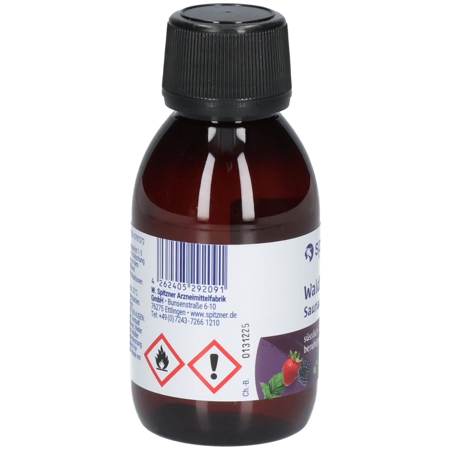 Braune Glasflasche mit schwarzem Schraubverschluss. Etikett mit Barcode, Warnsymbolen und Abbildung von Beeren.